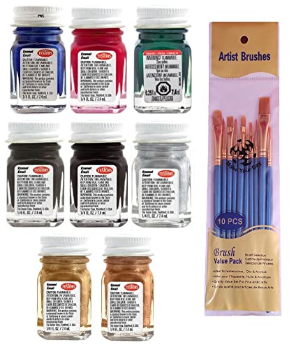 Make Your Day Testors Metallic Enamel Paint Variety, Artic Blue, Graphite Gray, Black, Red, Copper, Silver, Gold, Metal Flake Green, and Thinner 1/4 oz (Pack of 9) Paintbrushes