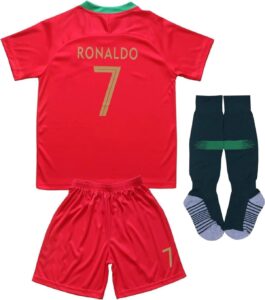 fpf 2018 portugal #7 home red cristiano ronaldo kids soccer football jersey gift set youth sizes (burgundy, 12-13 years)