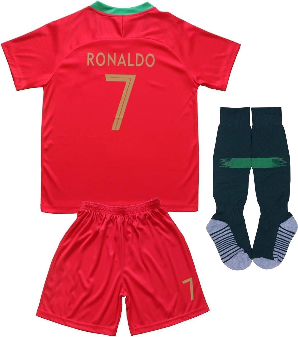 FPF 2018 Portugal #7 Home Red Cristiano Ronaldo Kids Soccer Football Jersey Gift Set Youth Sizes (Burgundy, 12-13 Years)