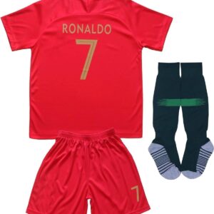 FPF 2018 Portugal #7 Home Red Cristiano Ronaldo Kids Soccer Football Jersey Gift Set Youth Sizes (Burgundy, 12-13 Years)