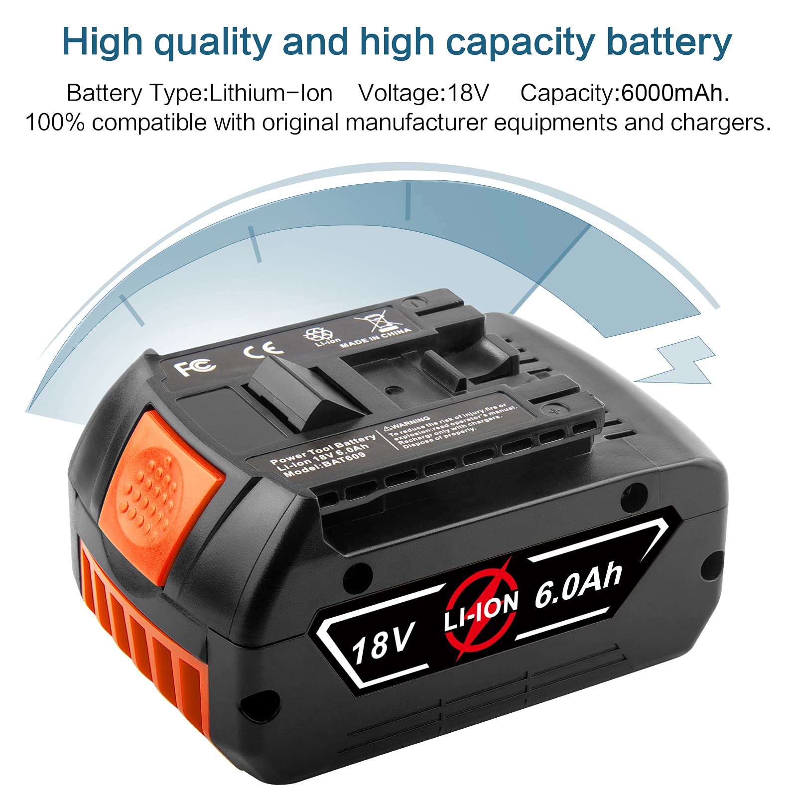 Labtec BAT609 18V 6000mAh Lithium Battery Replacement for Bosch 18V Battery 17618, 17618-01, 24618-01, 25618, 26618, 37618 Cordless Power Tools Battery