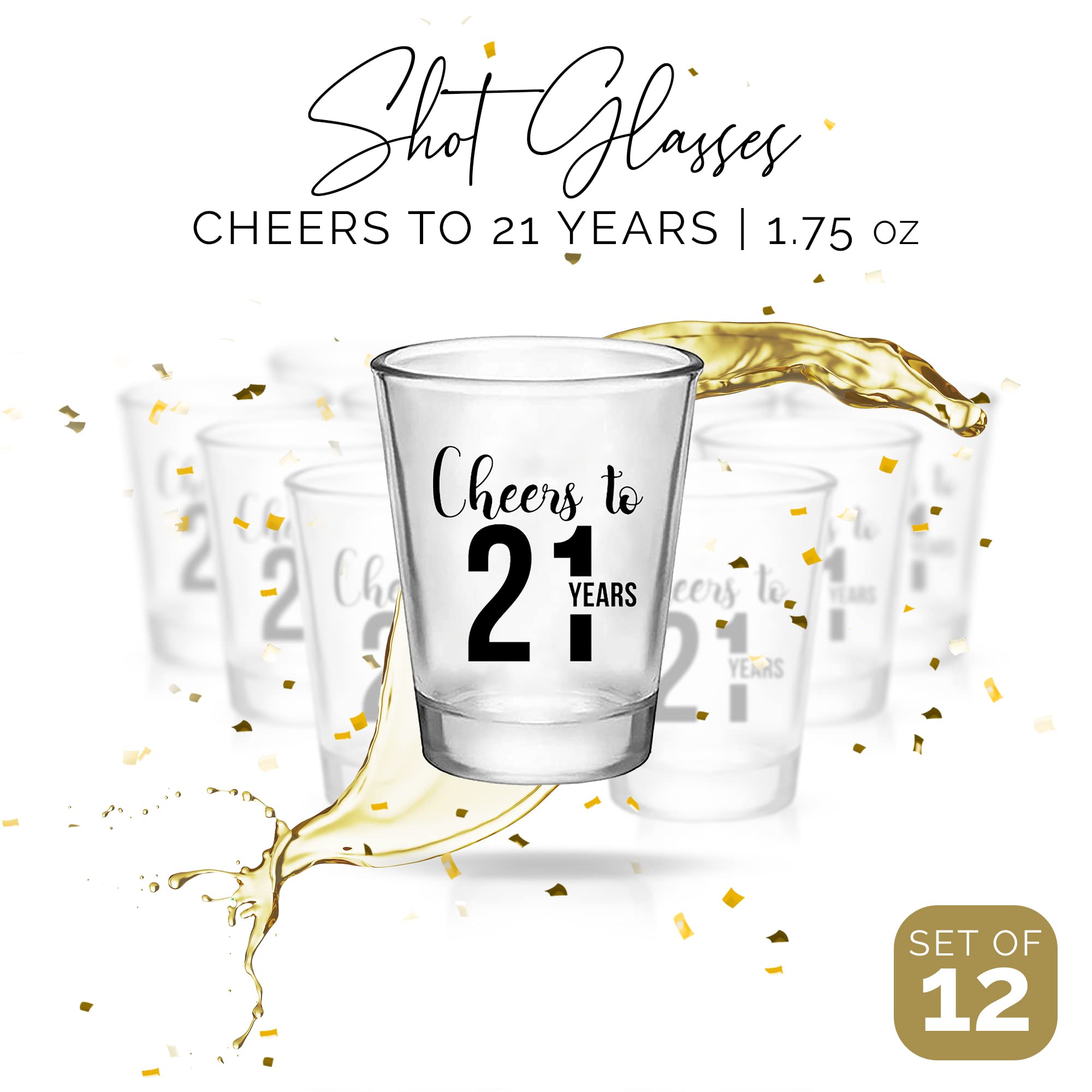 Cheers to 21 Years, 21st Birthday Party Shot Glass - Set of 12, 1.75oz Black and Clear 21st Birthday Shot Glasses, Perfect for Birthday Parties, Birthday Decorations