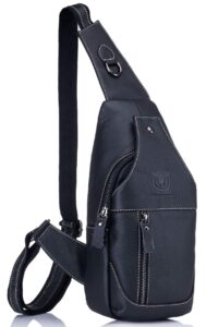 bullcaptain genuine leather men sling crossbody bag multi-pocket chest bag casual travel hiking sling backpack with earphone hole (black)