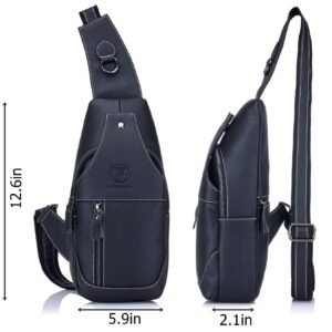 BULLCAPTAIN Genuine Leather Men Sling Crossbody Bag Multi-pocket Chest Bag Casual Travel Hiking Sling Backpack with Earphone Hole (Black)