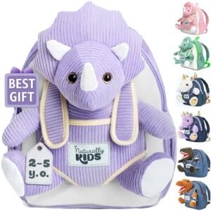 naturally kids purple dinosaur backpack, dinosaur toys for girls 3-5, triceratops toy for 3 year old girl gifts, dinosaur toys kids 3-5