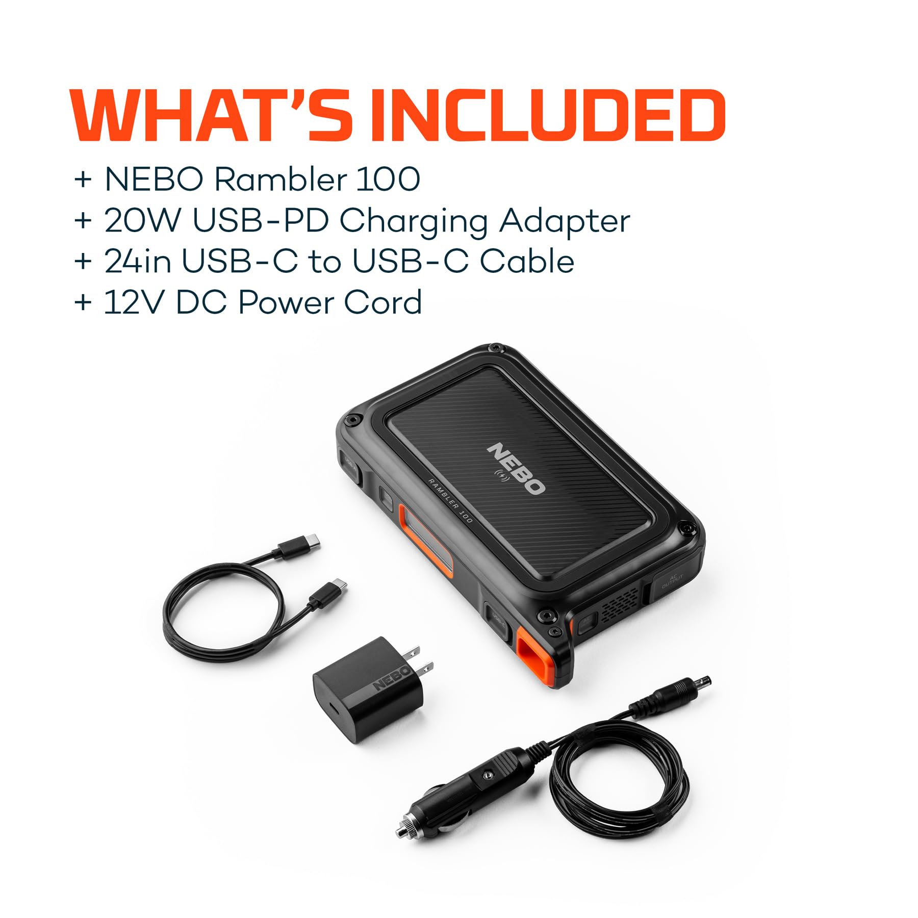 NEBO RAMBLER Portable Power Station, Powerful, Handheld, Versatile, Multi-Device Charging, Solar Ready with Integrated AC Inverter for Power to Work Remotely On or Off the Grid, Rambler 100