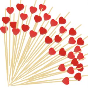 seansda red heart cocktail picks, mothers day decorations toothpicks for appetizers, decorative bamboo skewers, 4.7 in long fancy wooden cocktail sticks for party drinks food wedding décor 100pcs