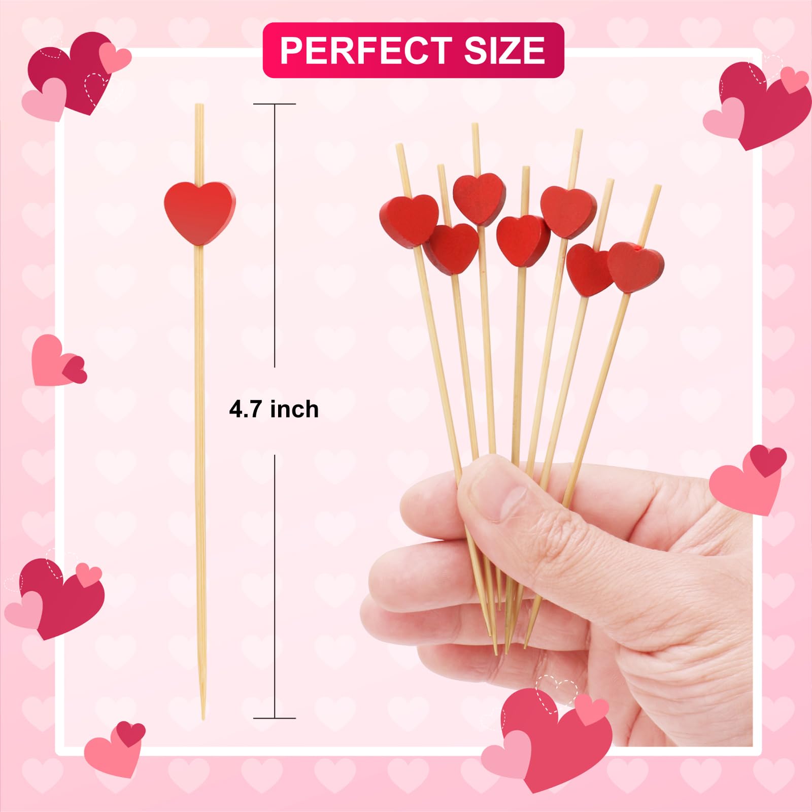 SEANSDA Red Heart Cocktail Picks, Mothers Day Decorations Toothpicks for Appetizers, Decorative Bamboo Skewers, 4.7 IN Long Fancy Wooden Cocktail Sticks for Party Drinks Food Wedding décor 100PCS