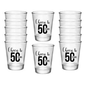 cheers to 50 years - 12 50th birthday shot glasses - 1.75oz black and clear 50th birthday party favors for guests - 50th birthday decorations for men or 50th anniversary party favors