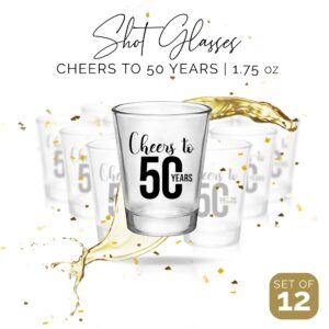 Cheers to 50 Years - 12 50th Birthday Shot Glasses - 1.75oz Black and Clear 50th Birthday Party Favors For Guests - 50th Birthday Decorations For Men or 50th Anniversary Party Favors