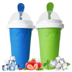 regnbue 2 pcs slushie maker cup, magic quick frozen smoothies cup double layer squeeze cup homemade milk shake ice cream maker cooling cup diy for family (blue+green)