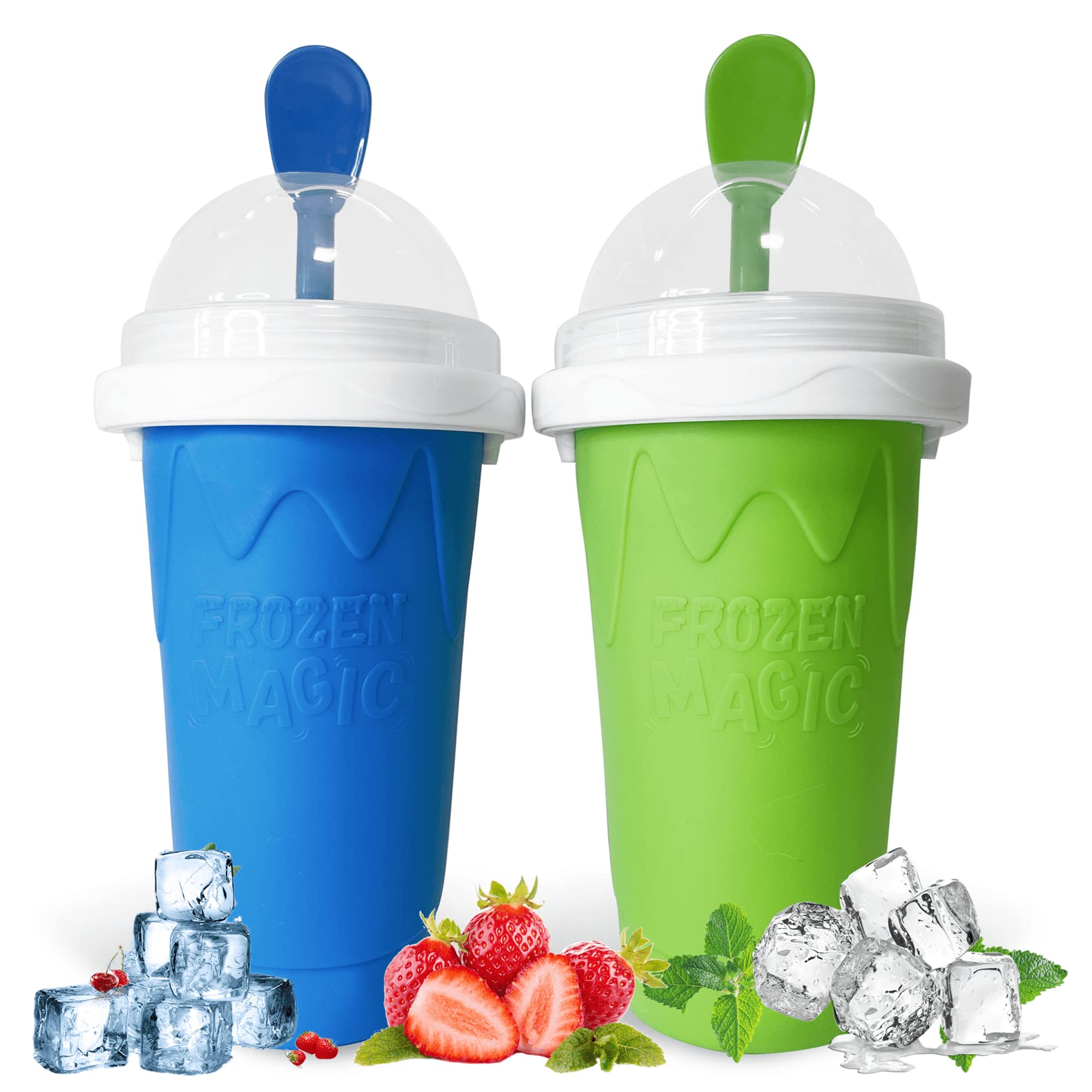 REGNBUE 2 Pcs Slushie Maker Cup, Magic Quick Frozen Smoothies Cup Double Layer Squeeze Cup Homemade Milk Shake Ice Cream Maker Cooling Cup DIY for Family (Blue+Green)