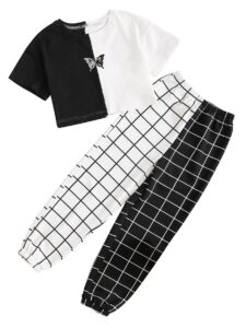 soly hux girl's 2 piece outfits colorblock butterfly tee top and plaid pants set black white 10y