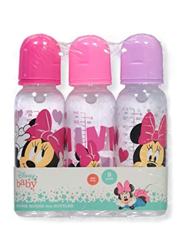 Disney Cudlie Minnie Mouse Baby Girl 3 Pack 9oz Bottles with Hearts & Minnie Print