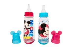 disney cudlie mickey mouse baby boy 2 pack of 9 oz bottles with removeable character molded lid in baby mickey star print in red & blue