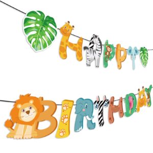 ljcl safari animals happy birthday banner, jungle party sign jungle animals theme bunting party decorations supplies for safari/jungle themed birthday party, two wild party birthday party supplies