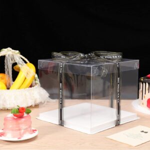 4 Pcs Clear Cake Boxes with a 147 ft Ribbon 10 x 10 x 9 Inch Tall Cake Box for Wedding Birthday Anniversary Baking Cookie Display Pack Baking Box Transparent Cake Box Portable Tall Layer Bakery Box