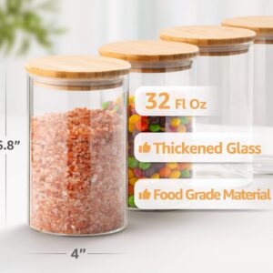 COCOYA 32 FL Oz Glass Jars with Bamboo Lid Set, 4Pack UPGRADE Thick Glass Pantry Storage Canisters Kitchen Clear Food Containers, for Dry Foods Nut Meal Prep Coffee Bean Candy Sugar Cookie Cereal