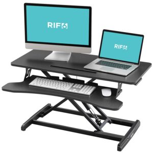 rif6 34 inch convertible standing desk – desk riser with customizable height settings – sit to stand with spring assisted handle – comes with tablet and phone holder – black