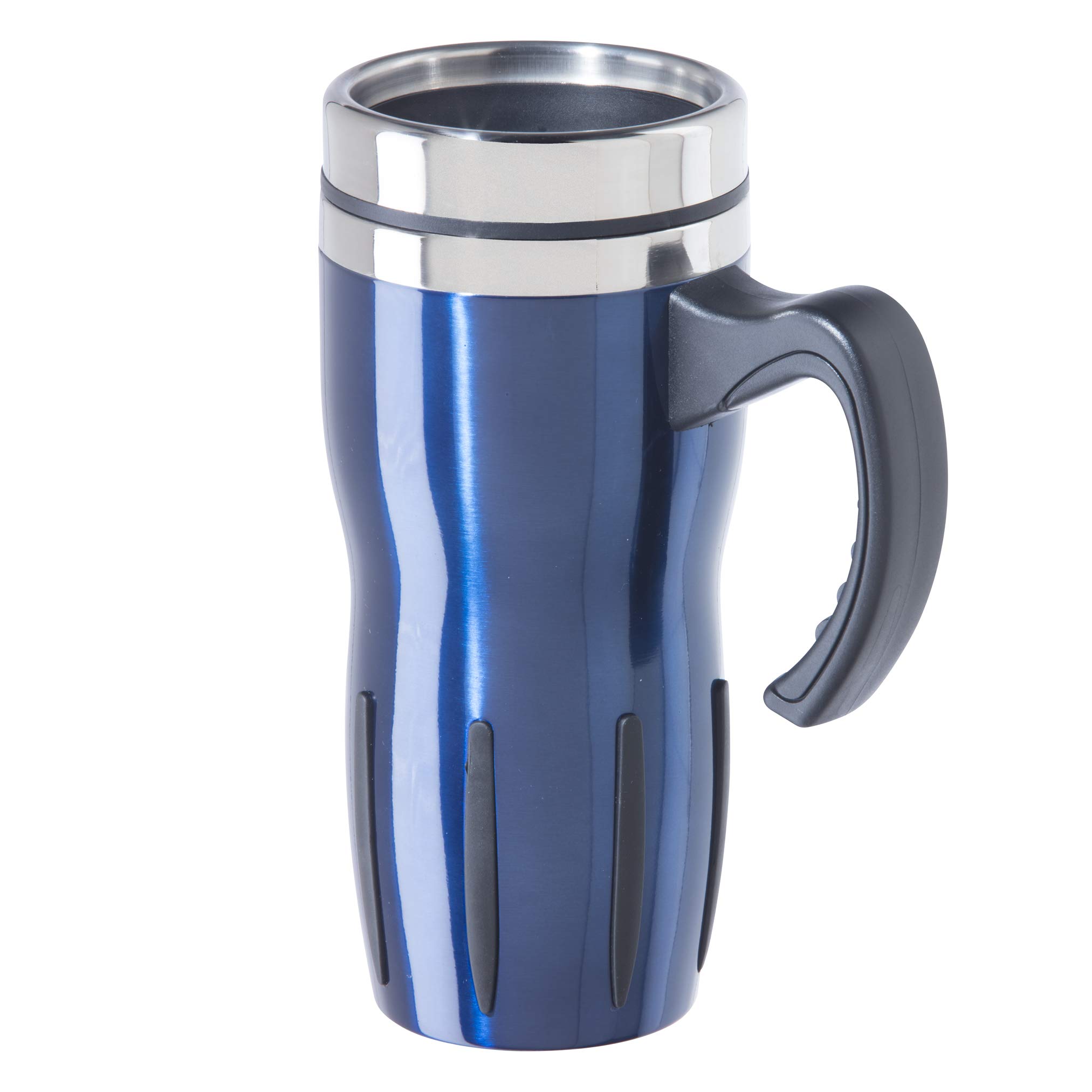 Oggi Multigrip Stainless Steel Thermal Travel Mug - Midnight Blue, 16oz, with slide open lid for hot and cold beverages.