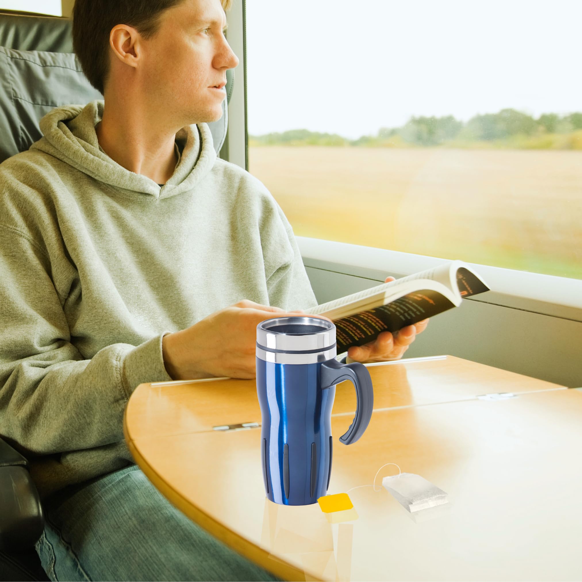 Oggi Multigrip Stainless Steel Thermal Travel Mug - Midnight Blue, 16oz, with slide open lid for hot and cold beverages.