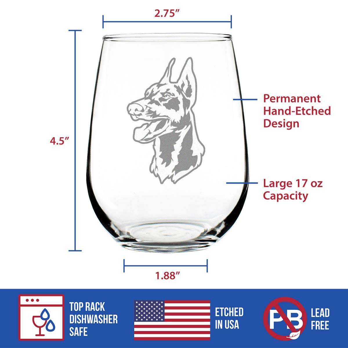 Doberman Face Stemless Wine Glass - Cute Dog Themed Decor and Gifts for Moms & Dads of Pinscher Dobermans - Large 17 Oz