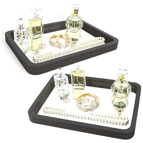 Polar Whale 2 Polished Mirrored Bottom Vanity Organizer Trays for Home Bedroom Bathroom Perfume Jewelry Makeup Storage Stand Washable Durable Black Foam with Heavy Metal Mirror Large 12 x 9 Inches