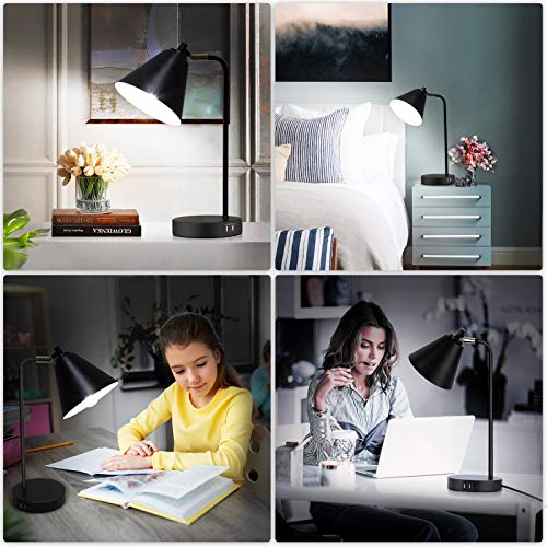 Industrial 3 Way Dimmable Touch Control Desk Lamp with 2 USB Ports & AC Outlet Bedside Nightstand Reading Lamp Flexible Head Farmhouse Black Table Lamp for Office Bedroom Living Room Bulb Included