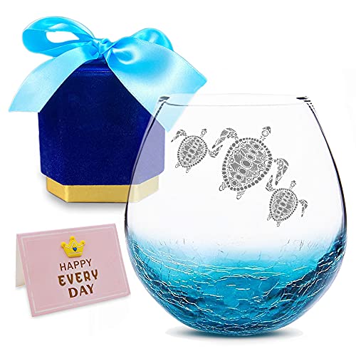 Valentines Day Gifts for Mother Father, Tribal Sea Turtles Handmade Engraved Crackle Turquoise Wine Glass, Gifts for Turtle Lovers Women