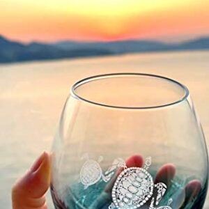 Valentines Day Gifts for Mother Father, Tribal Sea Turtles Handmade Engraved Crackle Turquoise Wine Glass, Gifts for Turtle Lovers Women