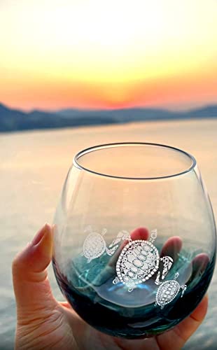 Valentines Day Gifts for Mother Father, Tribal Sea Turtles Handmade Engraved Crackle Turquoise Wine Glass, Gifts for Turtle Lovers Women