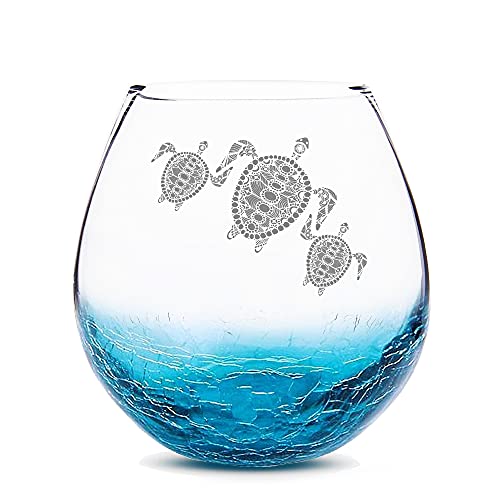 Valentines Day Gifts for Mother Father, Tribal Sea Turtles Handmade Engraved Crackle Turquoise Wine Glass, Gifts for Turtle Lovers Women