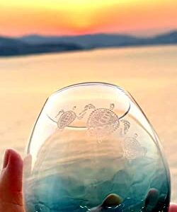 Valentines Day Gifts for Mother Father, Tribal Sea Turtles Handmade Engraved Crackle Turquoise Wine Glass, Gifts for Turtle Lovers Women