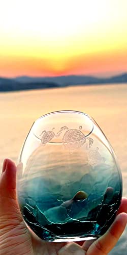 Valentines Day Gifts for Mother Father, Tribal Sea Turtles Handmade Engraved Crackle Turquoise Wine Glass, Gifts for Turtle Lovers Women