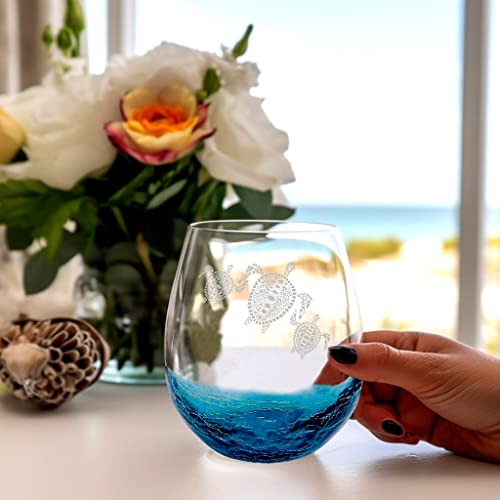 Valentines Day Gifts for Mother Father, Tribal Sea Turtles Handmade Engraved Crackle Turquoise Wine Glass, Gifts for Turtle Lovers Women