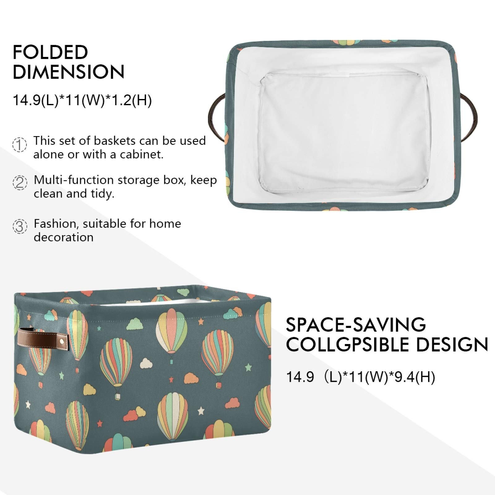 susiyo Large Foldable Storage Bin Funny Hot Air Balloons Fabric Storage Baskets Collapsible Decorative Baskets Organizing Basket Bin with PU Handles for Shelves Home Closet Bedroom Living Room-1Pack