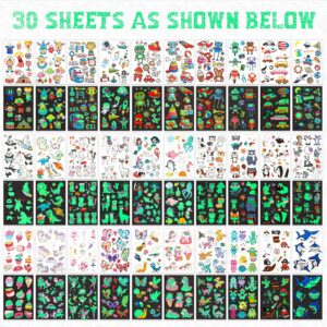 Sinmoe 400 Pieces Glow Temporary Tattoos for Kids Waterproof Luminous Mixed Style Cartoon Tattoo, Unicorn Dinosaur Mermaid Animal Fake Tattoo Stickers Party Supplies, 30 Sheets