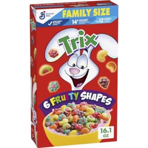 trix fruity breakfast cereal, 6 fruity shapes, whole grain, family size, 16.1 oz