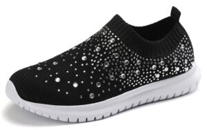 gospt women's mesh walking shoes rhinestone glitter slip on ballroom jazz latin dance sock sneakers black 9