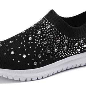 GOSPT Women's Mesh Walking Shoes Rhinestone Glitter Slip On Ballroom Jazz Latin Dance Sock Sneakers Black 9