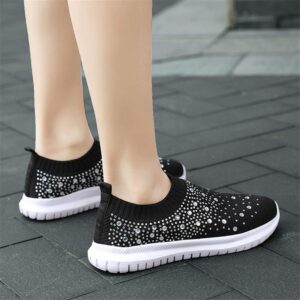 GOSPT Women's Mesh Walking Shoes Rhinestone Glitter Slip On Ballroom Jazz Latin Dance Sock Sneakers Black 9