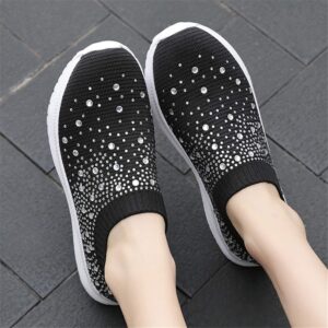 GOSPT Women's Mesh Walking Shoes Rhinestone Glitter Slip On Ballroom Jazz Latin Dance Sock Sneakers Black 9