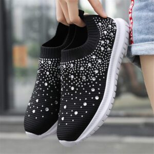 GOSPT Women's Mesh Walking Shoes Rhinestone Glitter Slip On Ballroom Jazz Latin Dance Sock Sneakers Black 9