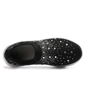 GOSPT Women's Mesh Walking Shoes Rhinestone Glitter Slip On Ballroom Jazz Latin Dance Sock Sneakers Black 9