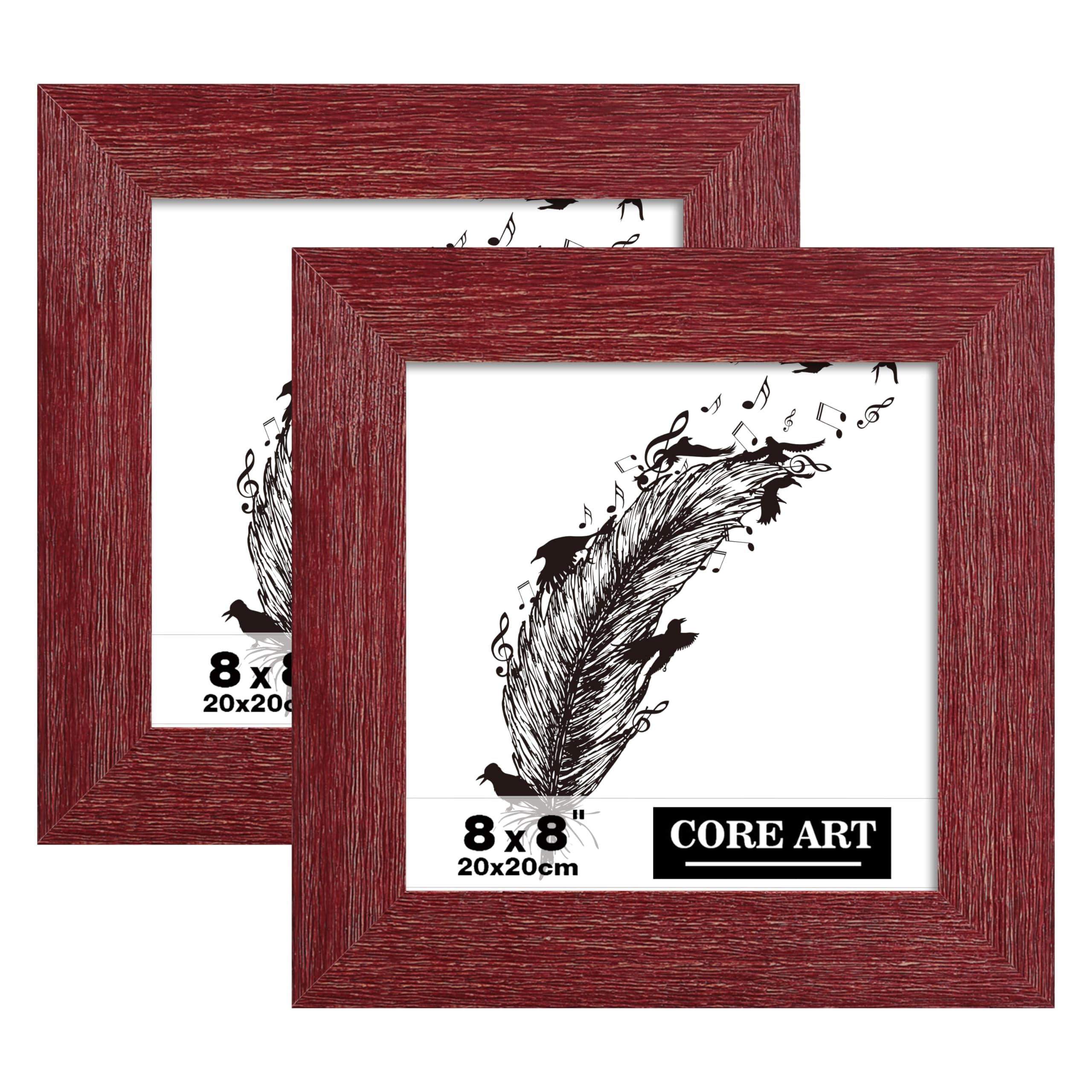 CORE ART 8x8 Picture Frame, Handmade Wood Rustic Red Photo Frame Set of 2, High Definition Semi-tempered Glass Wall or Tabletop Display