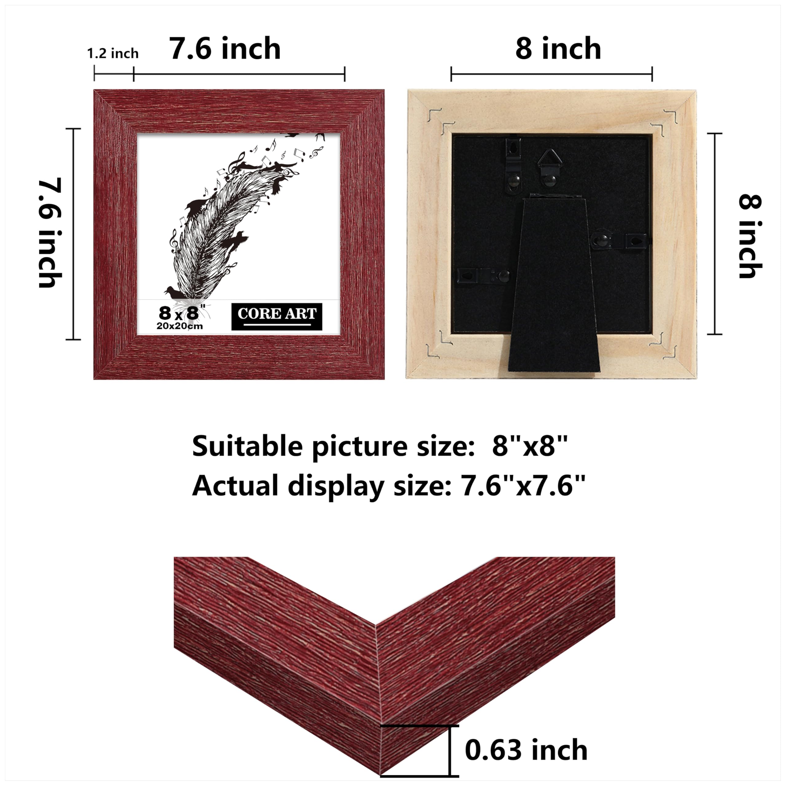 CORE ART 8x8 Picture Frame, Handmade Wood Rustic Red Photo Frame Set of 2, High Definition Semi-tempered Glass Wall or Tabletop Display