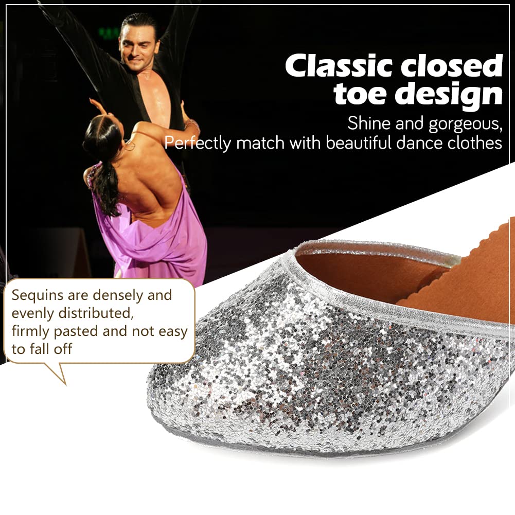 HIPPOSEUS Women's Sequins Latin Dance Shoes Silver Closed Toe Ballroom Salsa Dance Shoes for Wedding Party, 8.5 B(M) US