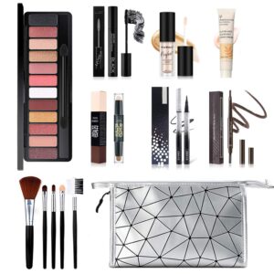 all in one makeup kit for women full kit, includes 12 colors eyeshadow, 5pcs brush set, eyebrow pencil, eyeliner & mascara, contour stick, primer & liquid highlighter with cosmetic bag makeup set