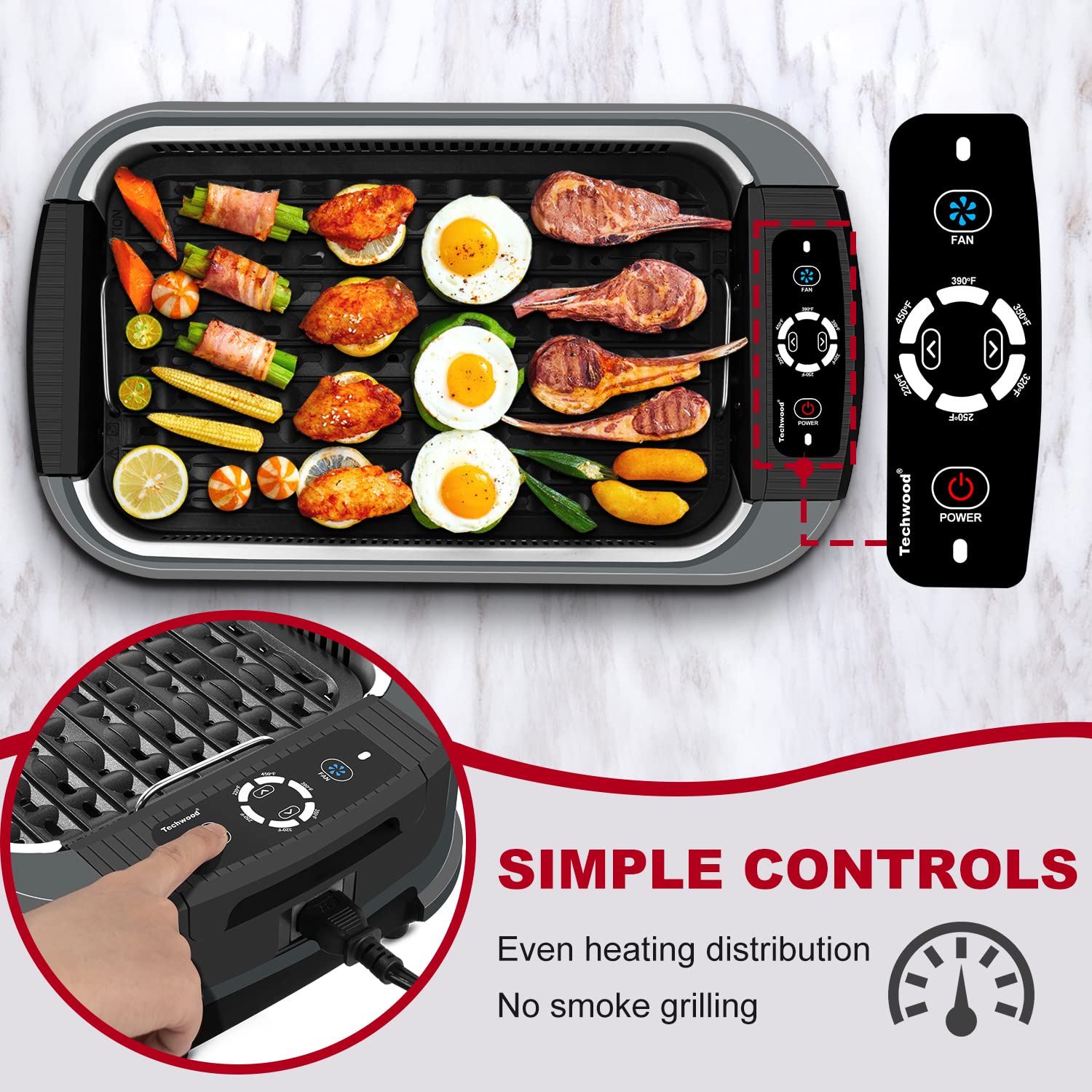 Techwood Indoor Grill Smokeless Grill, 1500W Indoor Korean BBQ Electric Tabletop Grill with Tempered Glass Lid, Removable Grill and Griddle Plates with Drip Tray
