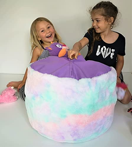 MiniOwls Plush Toy Storage Solution (Cover, Unfilled) - Rainbow Furry Bean Bag - Soft Teddy Faux Fur Organizer with a Zipper. Pouf 20x20x15 Contemporary Accent Ottoman (Unicorn, Medium)